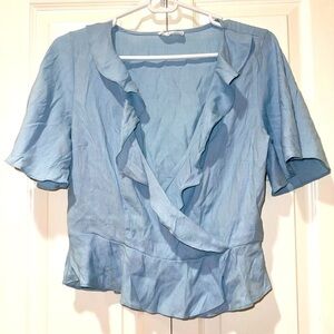 Sage The Label Blue Flutter Sleeve Top Blouse V Neck Wrap style Sz Large Peplum